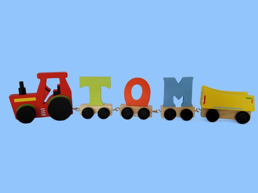 Personalised Coloured Tractor Wooden Name Train