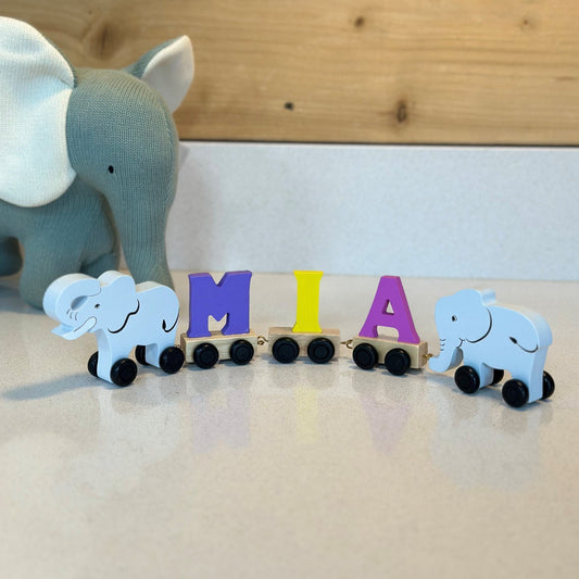 Personalised Coloured Elephant Wooden Name Train