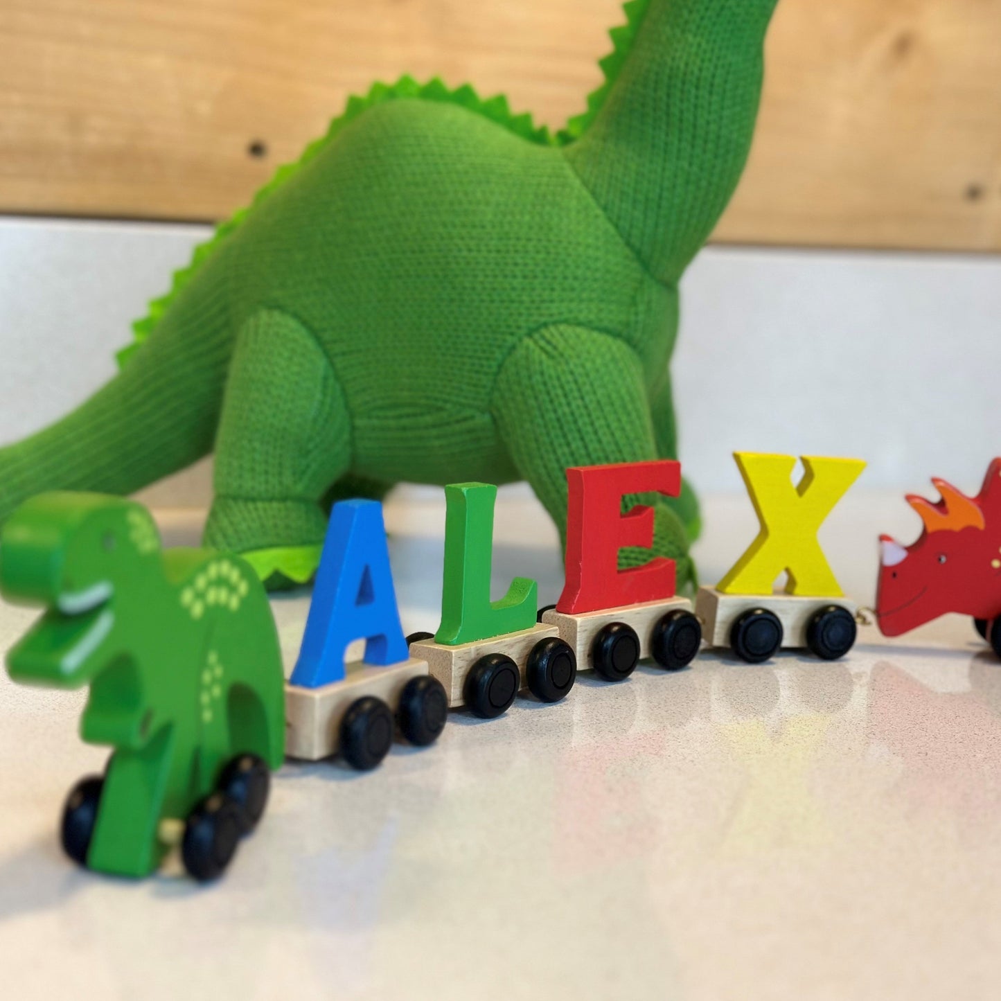 Personalised Coloured Wooden Dinosaur Name Train